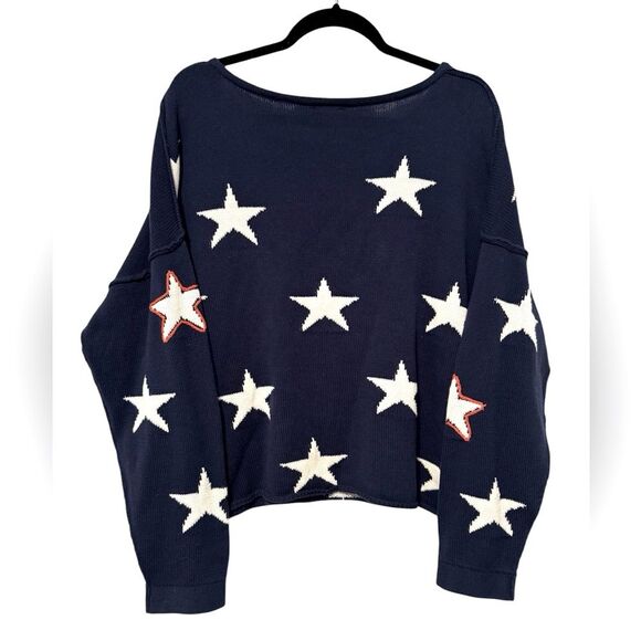 Blank Paige Long Sleeve Sweater Navy Blue with White Orange Stars Medium - Picture 4 of 6